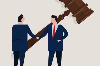 Business law legal contract people agreement standing handshake wearing suite formal with big gavel settlement court. Concept vector